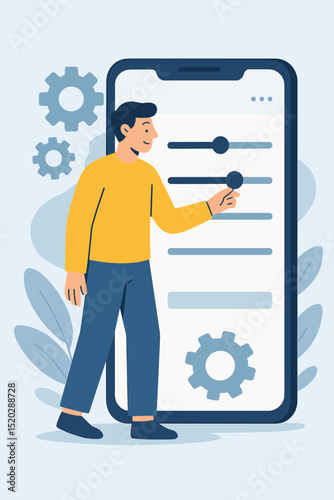 Man adjusting mobile app settings on smartphone. User interface customization and personalization concept. Character configuring preferences on control panel. Technology vector illustration.
