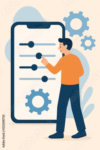 Man customizing mobile app settings on large smartphone screen. User interface configuration, personalization, and control panel concept. Technology and software adjustment vector illustration.