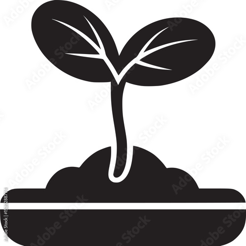 A simple black and white illustration of a seedling sprouting from soil in a rectangular container