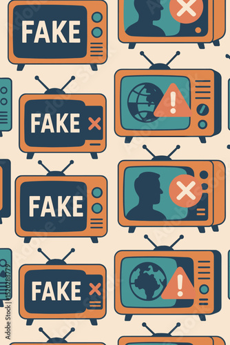 Retro TV seamless pattern. Fake news, misinformation, propaganda, global deception. Vintage television, media manipulation, disinformation, warning alert, censorship. Social issue vector.