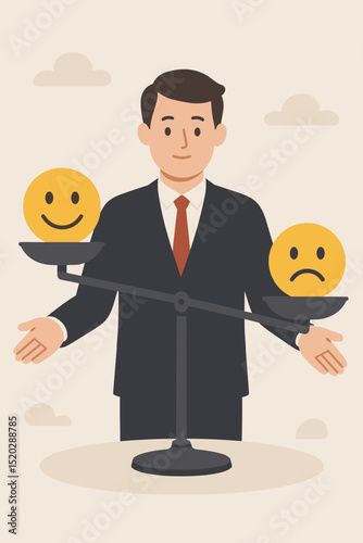 Businessman Balancing Emotions on Scale: Happiness vs. Sadness. Mental Health, Mood Swings, Emotional Stability, Work-Life Balance, Stress Management, Positive Mindset, Business Challenge Concept