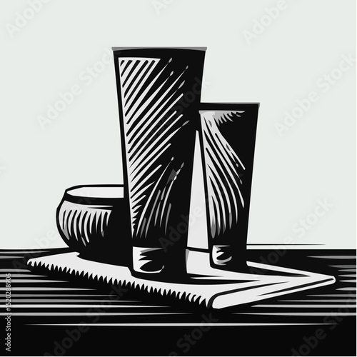 Two beverage glasses and bowl placed on wooden surface in monochrome  