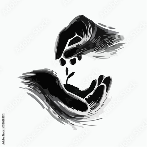 Hands planting a seedling in open palms with a minimal style  