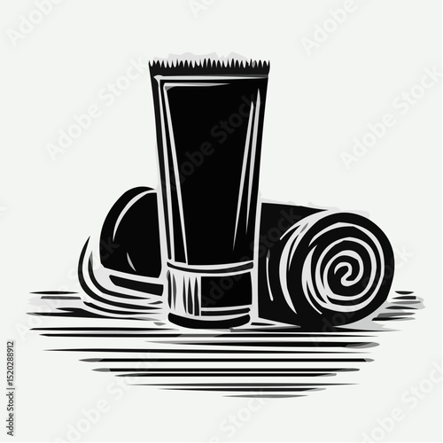 Tube of skincare cream with rolled towels on textured background  
