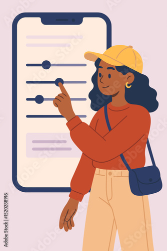 Young woman in cap adjusting smartphone settings using on-screen sliders. Customizing mobile app preferences, UI control panel. Digital technology, user personalization, modern lifestyle.