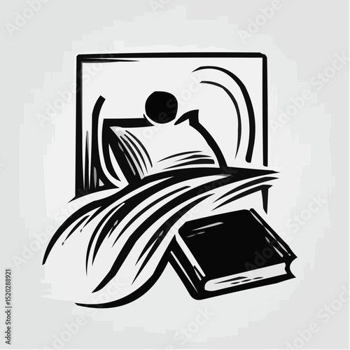 Bed with pillow and open book in simple line art style  