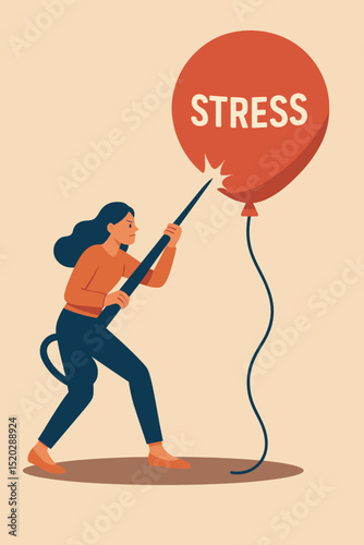 Woman bursting stress balloon with needle. Conceptual illustration of stress relief, mental health, overcoming anxiety, fighting pressure. Coping mechanism, problem solving, empowerment. Vector.