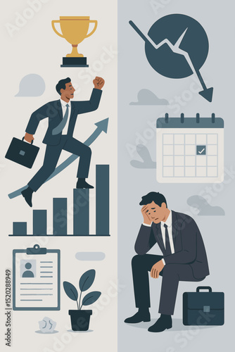 Business success and setbacks metaphor. Career growth vs decline. Motivated manager climbing chart to trophy. Demotivated employee with failure graph. Achievement, challenge, corporate life. Vector.