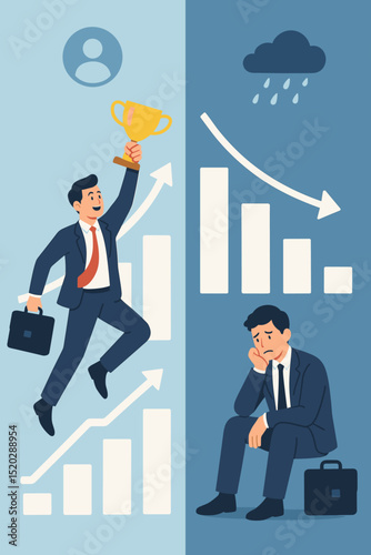 Business success versus failure concept. Businessman celebrating with trophy and growth chart, contrasting with disappointed man facing decline, rain. Career ambition, achievement, setback, challenge.