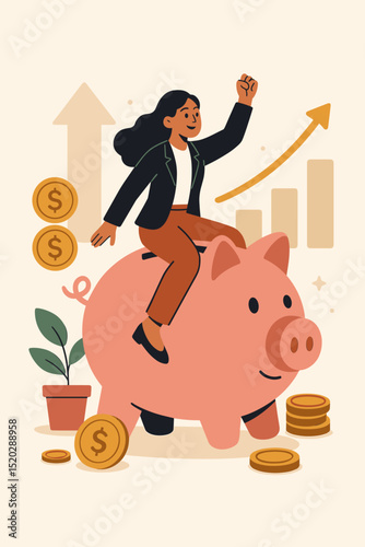 Businesswoman riding piggy bank symbolizing financial success and investment growth. Savings strategy, wealth building, money management, profit achievement, and economic progress vector.