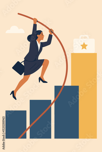 Career leap forward concept with businesswoman pole vaulting over bar graph. Metaphor for ambition, growth, success, overcoming challenges, achieving goals, progress, determination, and motivation.