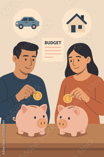 Couple planning separate financial goals. Man and woman saving money in individual piggy banks for future car and house purchase. Budgeting, personal finance, investment concept.