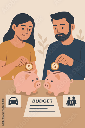 Couple managing finances with separate piggy banks for individual savings goals like a new car and family expenses. Financial planning, budgeting, and investment strategy concept vector.