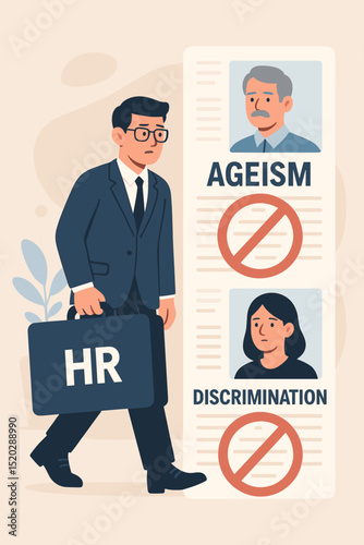 HR professional addressing workplace discrimination and ageism. Human Resources concept combating bias, promoting diversity, inclusion, equality. Corporate ethics, anti-discrimination policy. Vector.