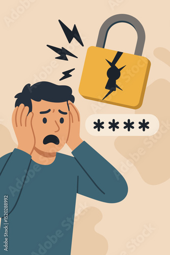 Compromised security alarm concept. Stressed man shocked by hacked password and broken padlock. Cyber attack, data breach, online vulnerability, internet safety failure illustration.