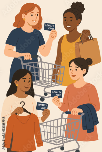 Diverse group of modern women shopping for clothes. Female friends with shopping carts and bags using loyalty cards for discounts in a retail store. Customer rewards program concept.