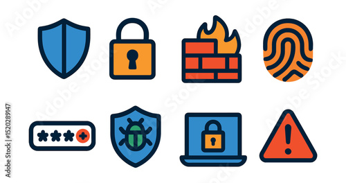 Flat vector icons of cybersecurity elements: shield, lock, firewall, fingerprint, password, antivirus, VPN, alert notification.