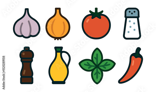 Flat vector icons of cooking ingredients: garlic, onion, tomato, salt shaker, pepper mill, olive oil, basil, chili pepper.