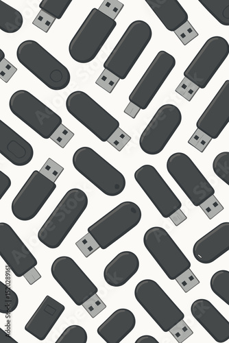 Seamless pattern of modern black USB flash drives vector background. Repeating data storage device design. Technology gadget memory stick illustration for digital, IT, security, memory, tech concepts