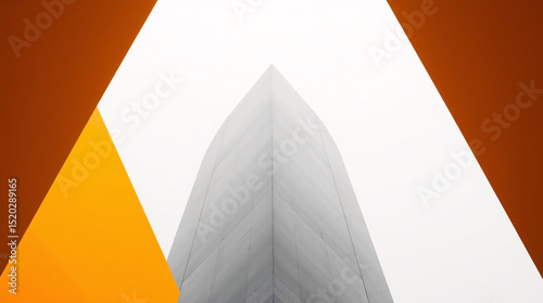 A modern skyscraper viewed from below with geometric lines and angles.