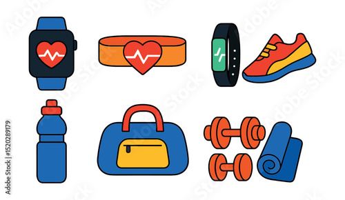 Flat vector icons of fitness gadgets: smartwatch, heart rate monitor, fitness tracker, running shoes, water bottle, gym bag, dumbbells, yoga mat.