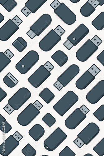 Seamless USB Flash Drive Pattern Vector. Hand Drawn Memory Stick, Thumb Drive, Data Storage Device, Repeating Technology Background. Digital Storage Icon Illustration for Tech Design, IT, Gadgets