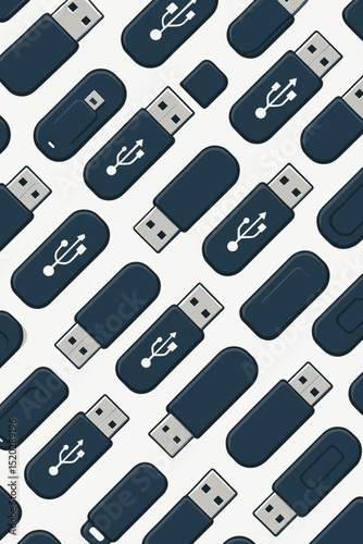 Seamless Pattern of Blue USB Flash Drives with Caps Repeated Diagonally. Data Storage Memory Stick Device Background. Technology, Backup, Portable Digital File Transfer, Modern Electronics Concept