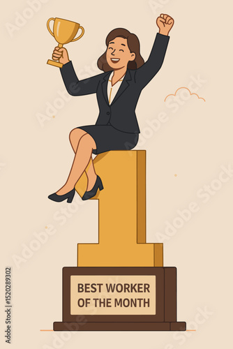 Businesswoman celebrating best worker of the month award, sitting on winner podium with trophy, employee recognition, achievement, success, office career concept, motivation, leadership