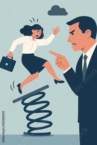 Workplace stress and harassment concept. Angry boss pointing, businesswoman being ejected by springboard. Unfair dismissal, job loss anxiety, toxic office environment, gender discrimination