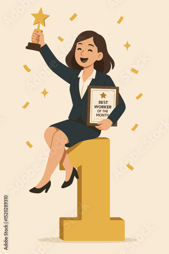 Businesswoman celebrating employee achievement. Best worker of the month award. Female leader holding trophy and certificate, confetti, success recognition, motivation, promotion, office victory