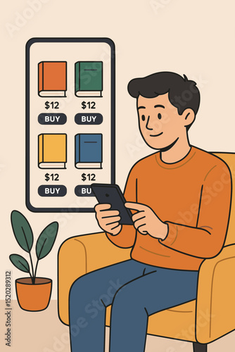 Online Book Shopping Vector, Young Man Buying Books with Mobile App, E-Commerce Digital Reading Concept, Cozy Home Interior, Modern Technology, Online Store Bookshelf, Flat Cartoon Illustration