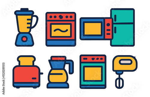 Flat vector icons of kitchen appliances: blender, oven, microwave, refrigerator, toaster, coffee maker, dishwasher, mixer.