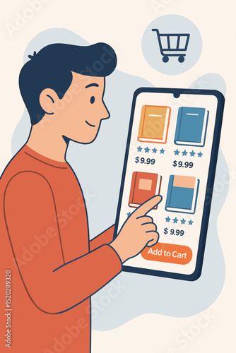 Online Book Shopping Vector Illustration. Man Using Tablet to Buy Books. E-commerce, Digital Bookstore, Internet Shopping, Add to Cart, Modern Technology, Mobile Commerce Concept Art