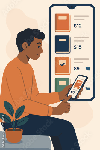 Online Book Shopping Concept Illustration. Person Using Smartphone for E-Book Purchase. Digital Marketplace, Mobile App Interface, Modern Education Technology, Electronic Payment, Reading Habits