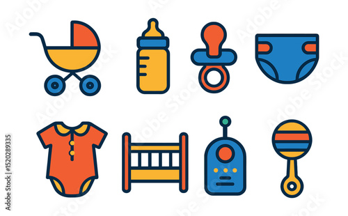 Flat vector icons of baby essentials: stroller, baby bottle, pacifier, diaper, baby clothes, crib, baby monitor, toy rattle.