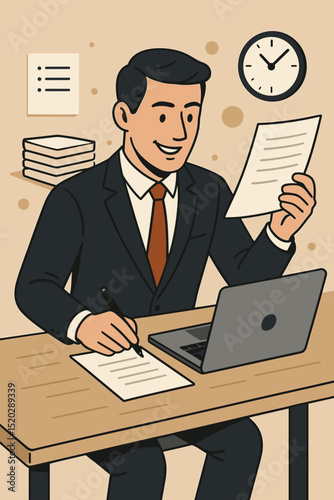 Multitasking businessman working at office desk with laptop, analyzing documents, taking notes, efficient time management, productivity, corporate professional, business workflow illustration