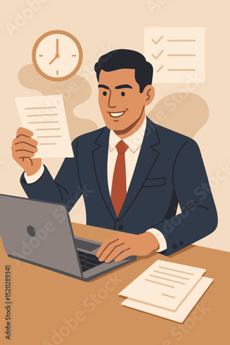 Professional businessman multitasking at office desk, analyzing documents, working on laptop, managing paperwork, time management, productivity, corporate success, checklist, efficient workflow