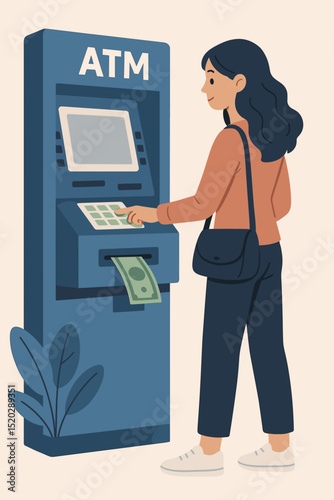 Woman withdrawing cash from ATM machine, banking transaction, financial service, modern payment technology, secure money withdrawal, urban lifestyle, personal finance concept illustration