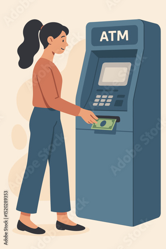 Woman withdrawing cash at ATM machine. Banking transaction, money withdrawal, personal finance concept. Modern automated teller machine, financial services, urban lifestyle, secure banking.