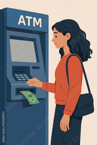 Woman withdrawing cash from ATM machine, banking transaction, finance concept, money withdrawal, bank account access, female customer using automated teller, cash machine operation, urban lifestyle