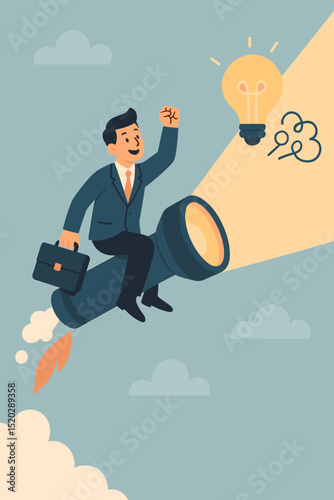Businessman riding rocket-powered flashlight towards glowing light bulb, innovation concept, creative breakthrough, idea discovery, leadership, success, ambition, venture, business inspiration