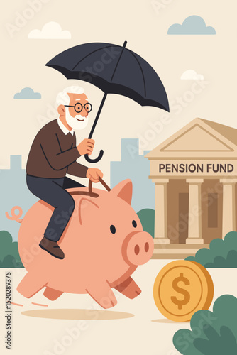 Senior man riding piggy bank with umbrella, pension fund building in background, retirement savings protection, financial planning for seniors, money safety, elderly investment metaphor