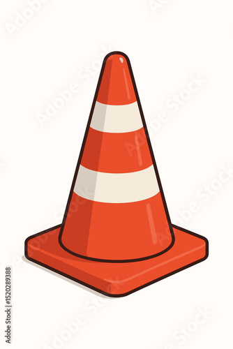 Bright Orange Traffic Cone Vector Illustration. Safety road barrier symbol. Construction warning sign. Caution icon. Urban street equipment for hazard, detour, maintenance zone. Isolated graphic.
