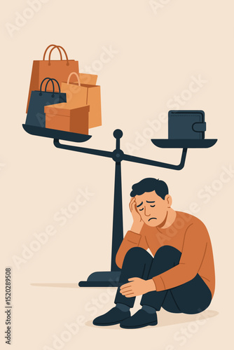 Shopping Addiction Concept, Overspending Stress Illustration, Man Suffering Financial Anxiety, Unbalanced Scale with Shopping Bags Versus Empty Wallet, Money Management Crisis, Consumerism Problem