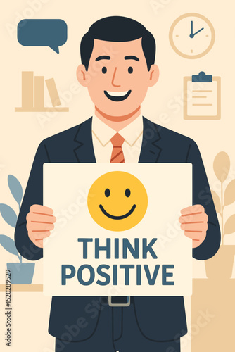 Confident businessman holding "Think Positive" sign, promoting success, motivation, happiness, and a positive mindset for business, career growth, and workplace well-being.