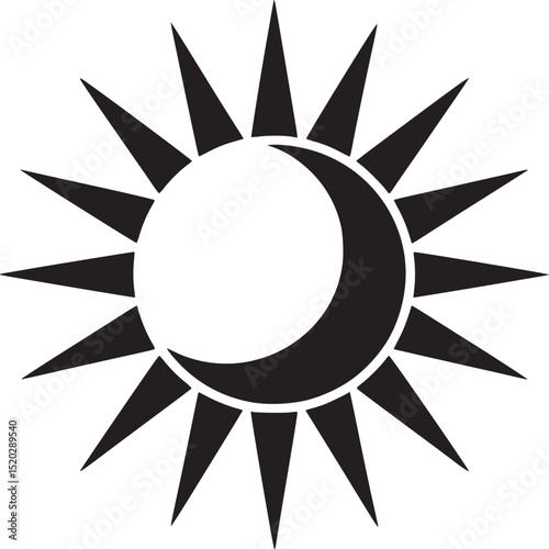 A graphic illustration of a sun with a crescent moon shape within the sun on a white background