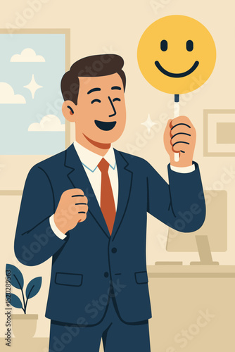 Happy Businessman Holding Smile Icon, Demonstrating Positive Feedback, Customer Satisfaction, Excellent Service, Success, Happiness, and Employee Motivation in a Business Workplace Setting