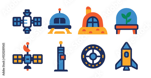 Flat vector icons of space habitats: space station module, lunar base, Mars habitat, space greenhouse, satellite lab, space elevator, orbital colony, space hotel.