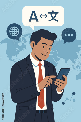Global communication and translation app for business. Businessman using mobile phone for instant language translation, international business, global connection. Vector illustration