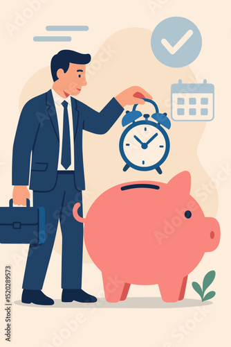 Time Saving Strategies Business Concept, Businessman character putting alarm clock into piggy bank. Financial planning, money management, investment, efficiency, productivity, success, growth